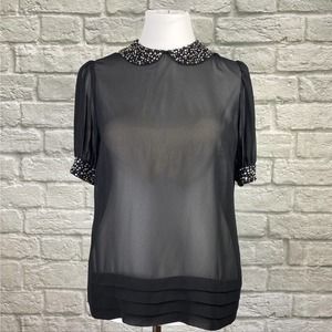 Vince Camuto Sheer Black Beaded Trim Blouse